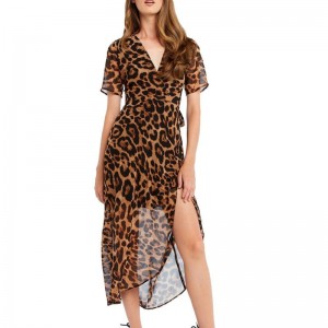 Гореща дамска мода леопардова щампа с опаковка дълга рокля